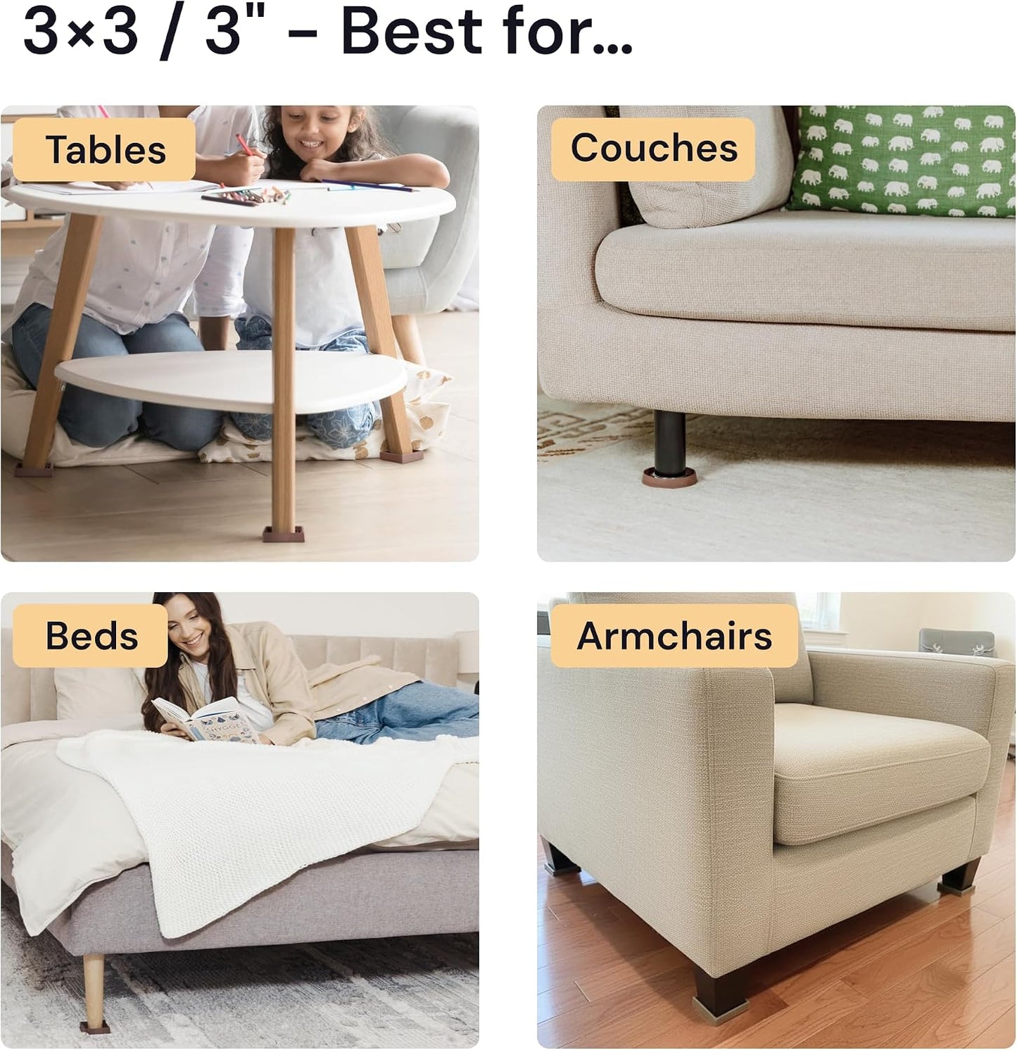 Non-Slip Furniture Pads - 4x4 in Brown, 4 Pack | Square rubber caster cups - anti-skid - Use for heavy sofas, beds & chairs on hardwood floors