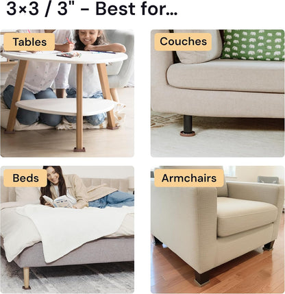 Non-Slip Furniture Pads - 4x4 in Brown, 4 Pack | Square rubber caster cups - anti-skid - Use for heavy sofas, beds & chairs on hardwood floors