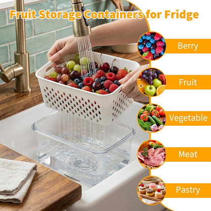 Berry keeper Fruit Storage Containers for Fridge with Removable Colander | 4 in 1 Food Storage Containers with Lids, Dishwasher Safe Easy to Clean, Keep Strawberry and Other Fruit Fresh Longer, 4PCS