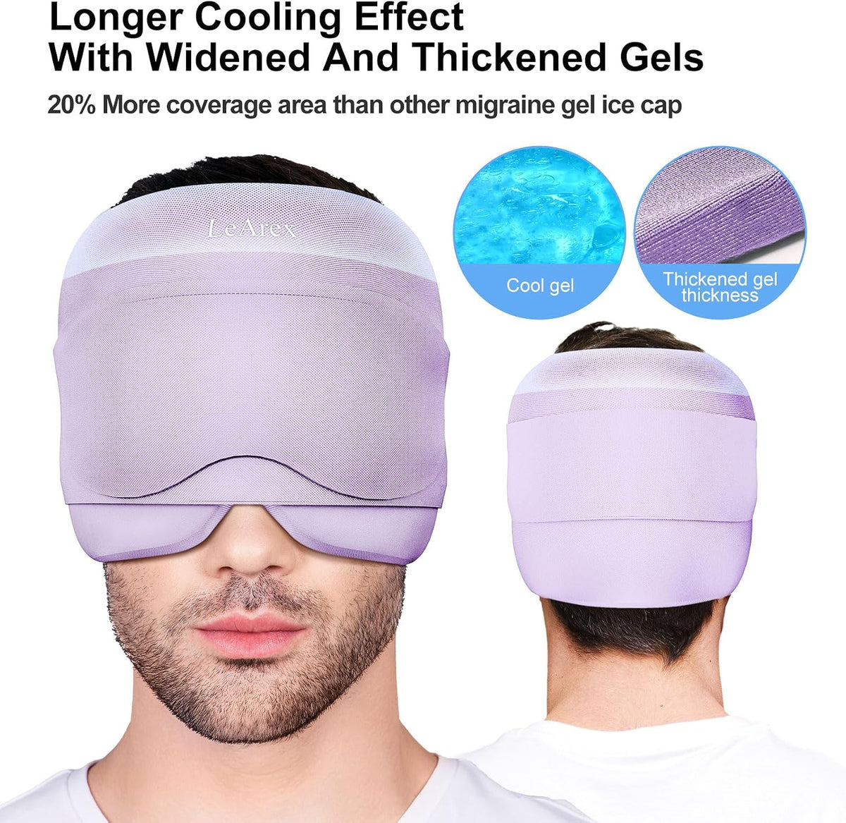 2 in 1 Migraine Relief Cap with Gel Eye Mask, Headache Relief Cap Ice Head Wrap Hot and Cold Therapy Hat Gift for Women for Headache Puffy Eyes Sinus and Tension Stress Relief (Light Purple)