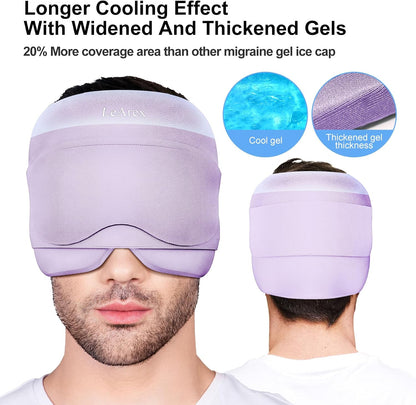 2 in 1 Migraine Relief Cap with Gel Eye Mask, Headache Relief Cap Ice Head Wrap Hot and Cold Therapy Hat Gift for Women for Headache Puffy Eyes Sinus and Tension Stress Relief (Light Purple)