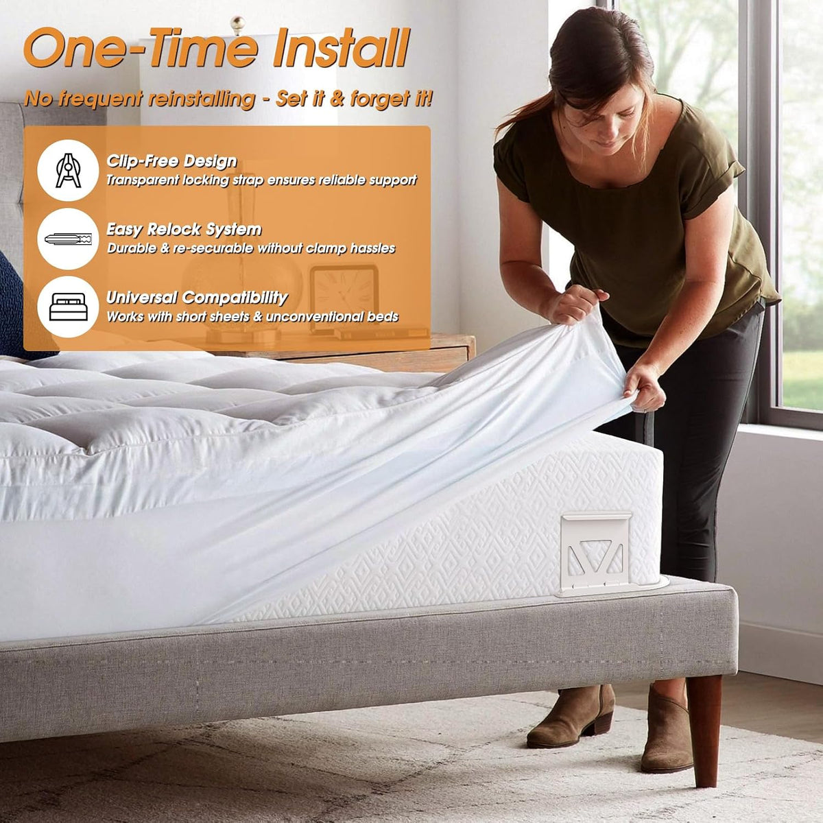 No-Slip Sheet Holders - One Time Install Bed Sheet Holders for Corners - Heavy Duty Sheet Grippers Keep Sheet Firm & Tight - 4Pcs Fitted Sheet Holder Clips for Twin Full Queen King