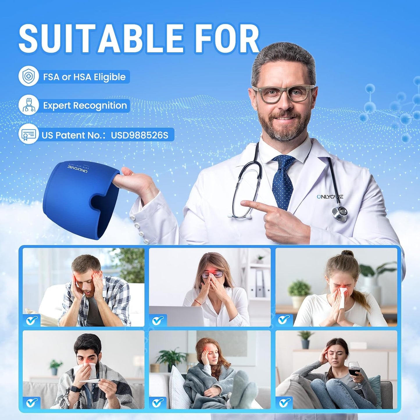 ONLYCARE Migraine Relief Cap, Headache Relief Cold Cap for Migraine Relief | Soothing Headache Ice Face Pack Mask, Cold Compress Head Wrap for Sinus, Tension, Stress, Hangover, Self Care Gifts for Women