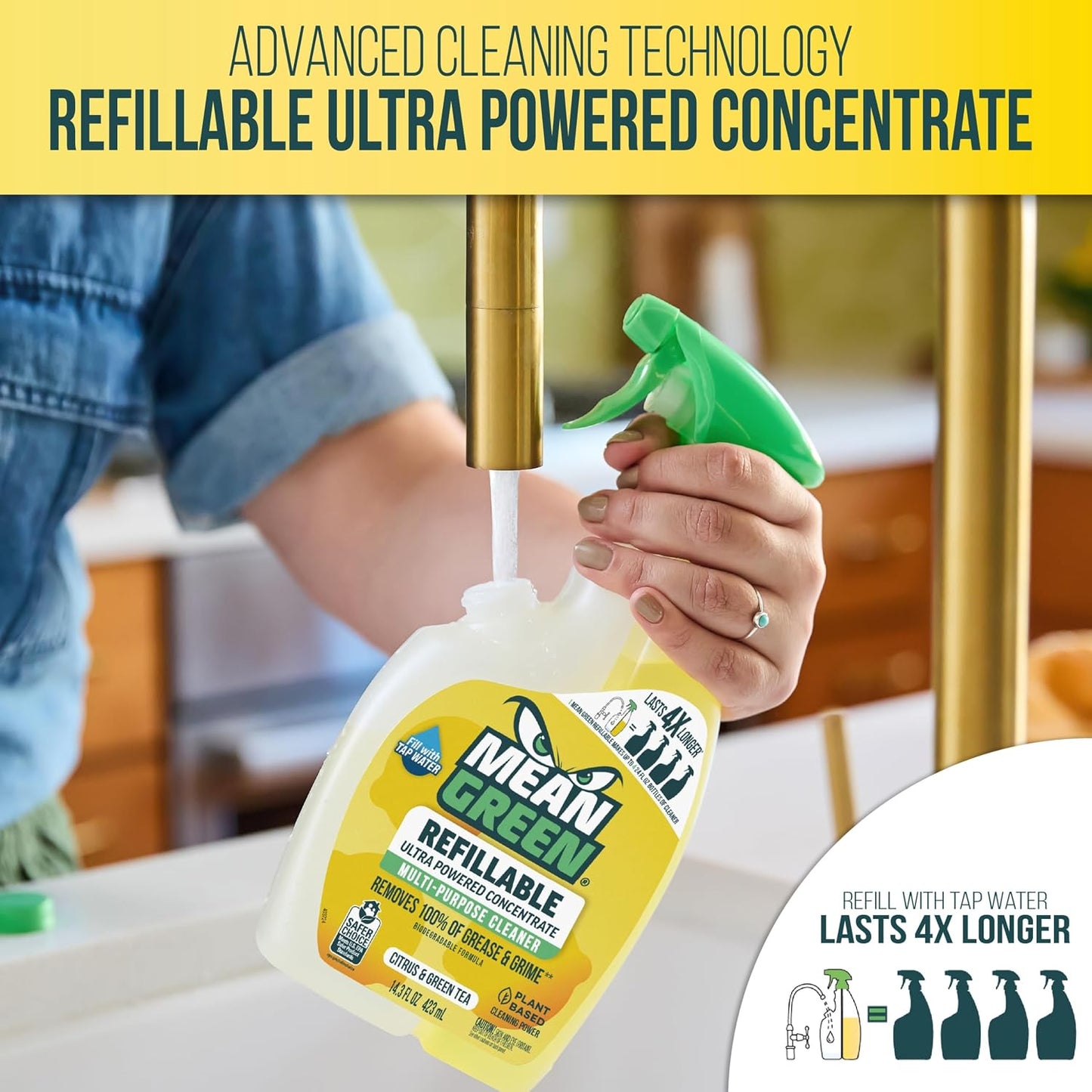 Mean Green Refillable Ultra Powered Multi-Purpose Cleaner Concentrate, Citrus & Green Tea, 14.3 fl oz – Plant & Mineral Based, Cuts Through Grease & Grime, Refillable Bottle Makes 4X Refills