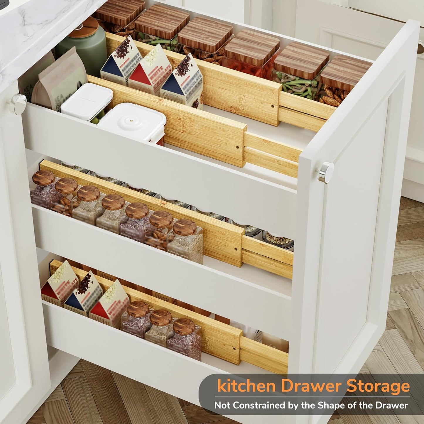 BAMEOS Bamboo Expandable Drawer Dividers – Fits 16.6"–22" Drawers, 2" High, Set of 4 | Spring-Loaded Bamboo Separator for Kitchen Island, Bathroom Vanity & Dresser Drawers