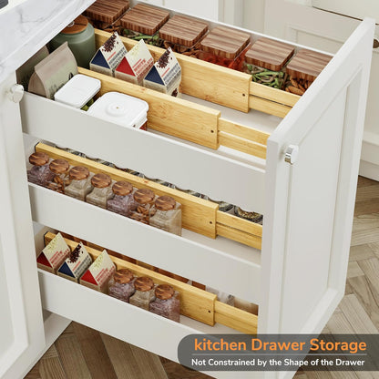BAMEOS Bamboo Expandable Drawer Dividers – Fits 16.6"–22" Drawers, 2" High, Set of 4 | Spring-Loaded Bamboo Separator for Kitchen Island, Bathroom Vanity & Dresser Drawers