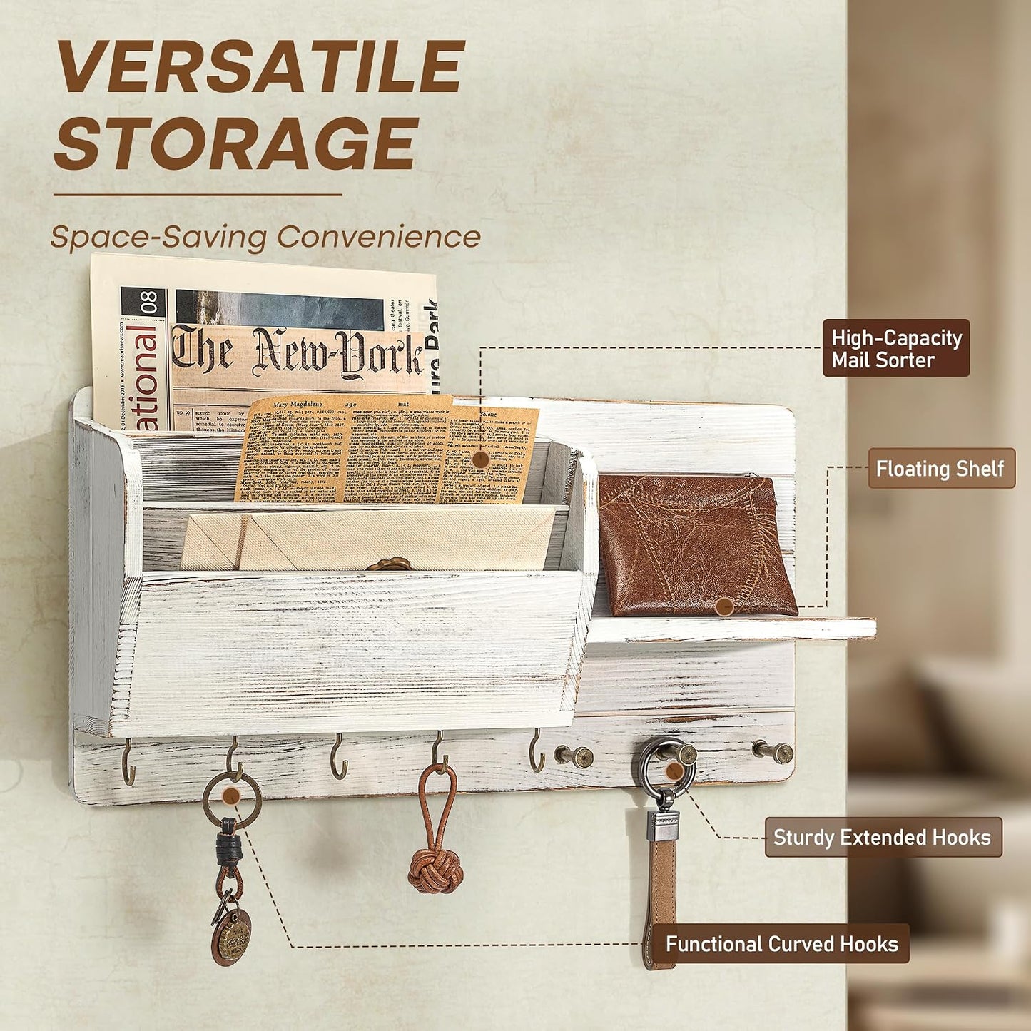 Rebee Vision Pine Wood Key Holder Wall Mount with Mail Sorter, Light Brown | Display Shelf, 8 Key Hooks, 3 Mail Sorters, Mail Organizer for Letters, Papers, Key Holder for Wall, Keep Entryways Tidy