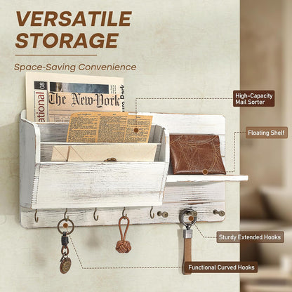 Rebee Vision Pine Wood Key Holder Wall Mount with Mail Sorter, Light Brown | Display Shelf, 8 Key Hooks, 3 Mail Sorters, Mail Organizer for Letters, Papers, Key Holder for Wall, Keep Entryways Tidy