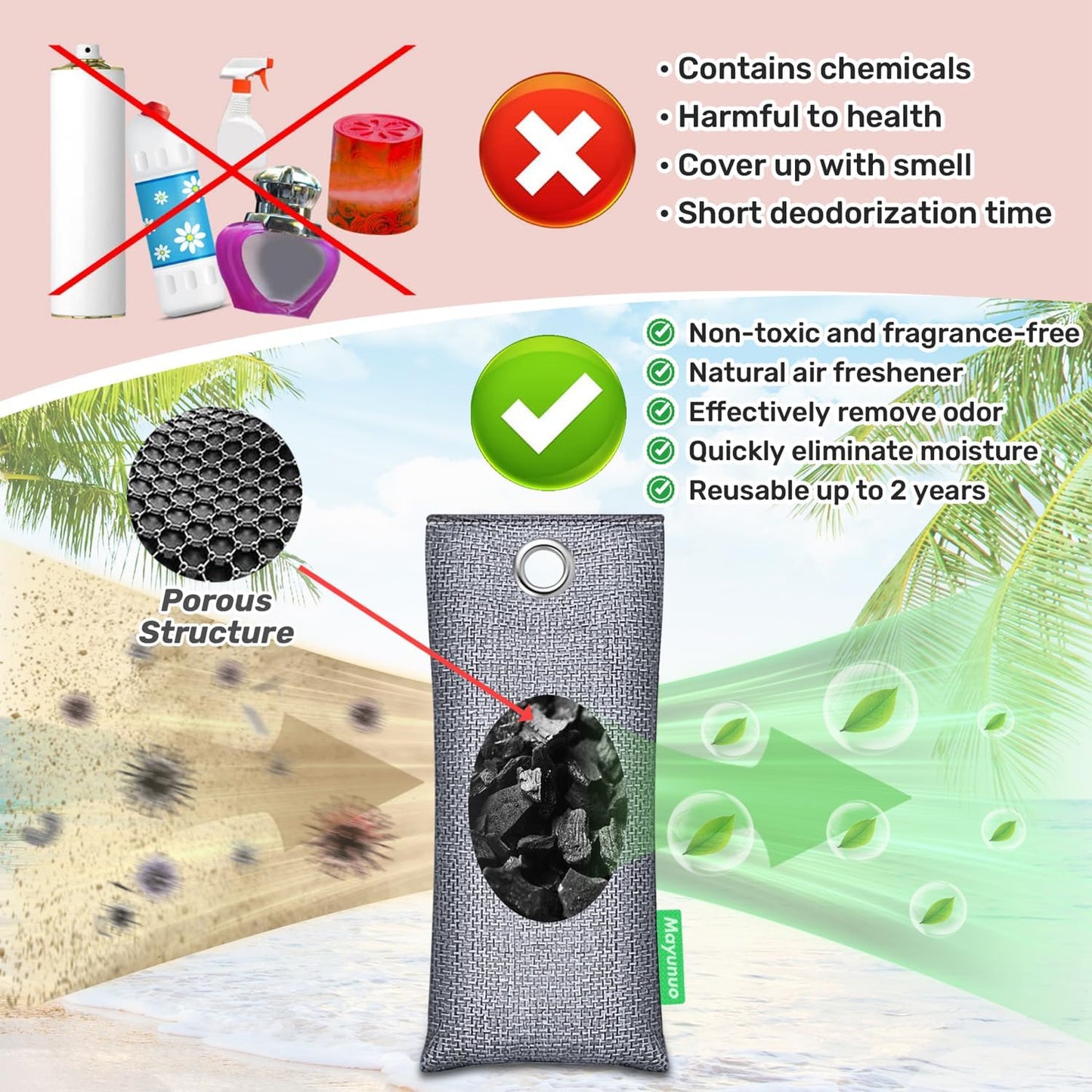 Activated Charcoal Odor Absorber Deodorizer Odor Eliminator for Strong Odor | Home, Basement, Closets, Shoes, Smoke, Car Air Freshener. 3 Pack Nature Bamboo Charcoal Air Purifying Bags