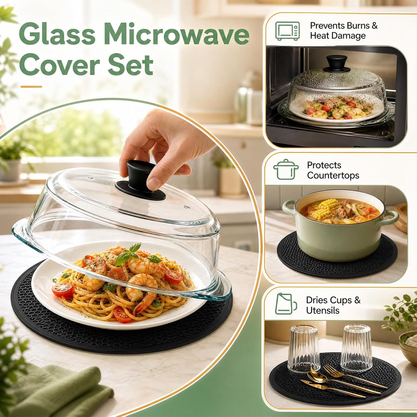 10-Inch Glass Microwave Splatter Cover with 2 Steam Vents and Silicone Mat | Clear Borosilicate Glass, Easy-Grip Silicone Knob with Ceramic Screw, Fits Most Dinner Plates and Bowls