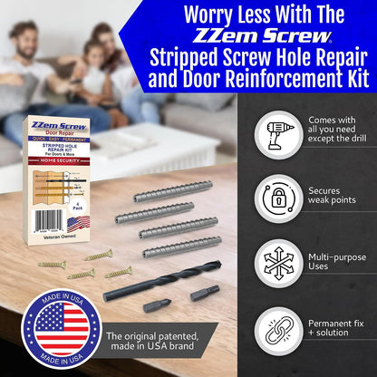 4-Pack #9 x 3 Permanent Stripped Door Hinge Screw Hole Repair Kit | Reinforces hinges, strike plates and door jambs. Installs in minutes. Made in USA