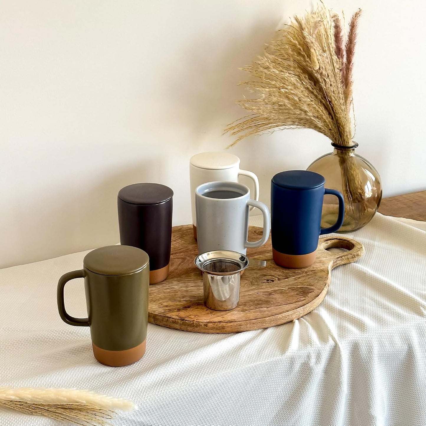 Mora Ceramics Large Tea Mug with Loose Leaf Infuser and Ceramic Lid, 18 oz, Portable, Microwave and Dishwasher Safe, Tall Coffee Cup - Rustic Matte Ceramic Glaze, Modern Herbal Tea Strainer, Olive