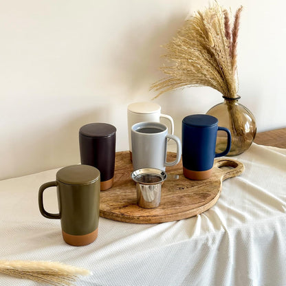 Mora Ceramics Large Tea Mug with Loose Leaf Infuser and Ceramic Lid, 18 oz, Portable, Microwave and Dishwasher Safe, Tall Coffee Cup - Rustic Matte Ceramic Glaze, Modern Herbal Tea Strainer, Olive