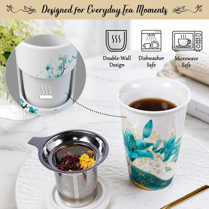 Harmoleaf Tea Gift Set for Women, 6 Loose Leaf Tea Blends with Blue Lily Insulated Ceramic Cup, Stainless Steel Infuser, Lid and Gold Spoon, Birthday, Mother's Day, Anniversary, Retirement Gift for Her