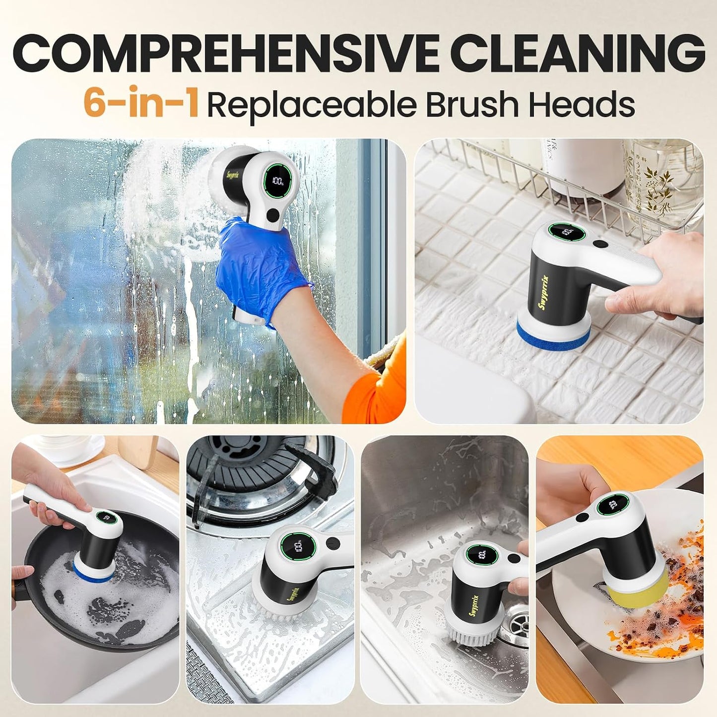 Electric Spin Scrubber for Bathroom and Shower Cleaning SD-CTB02 | 2 Speeds Cordless Power Cleaning Brush, 6 Replaceable Brush Heads, IPX7 Waterproof, For Bathroom, Sink, Tile, Kitchen, Grout