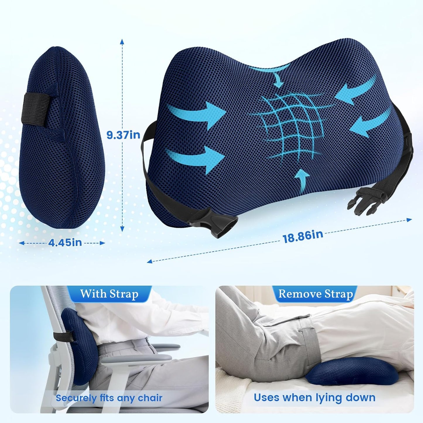 Lumbar Support Pillow, Memory Foam Back Cushion for Office Chair Car, Black | Ergonomic Lower Back Support with Adjustable Strap, Breathable Removable Cover for Couch, Wheelchair and Daily Comfort