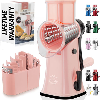 Zulay Kitchen Rotary Cheese Grater 5 Blade Cheese Shredder - Manual Hand Crank Cheese Grater With Reinforced Suction & 5 Interchangeable Drums - Easy to Use, Vegetable Chopper Round Mandoline Slicer - Colors A