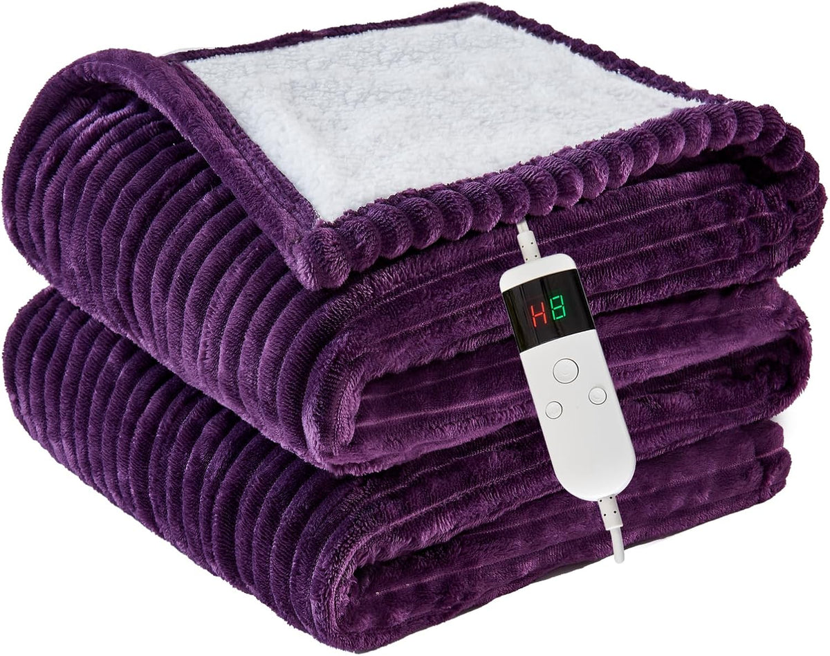 Heated Blanket Electric Throw, Soft Flannel Heating Blanket with 8 Hours Auto Off 10 Fast Heating Levels Machine Washable Sherpa Heated Blanket with Overheating Protection