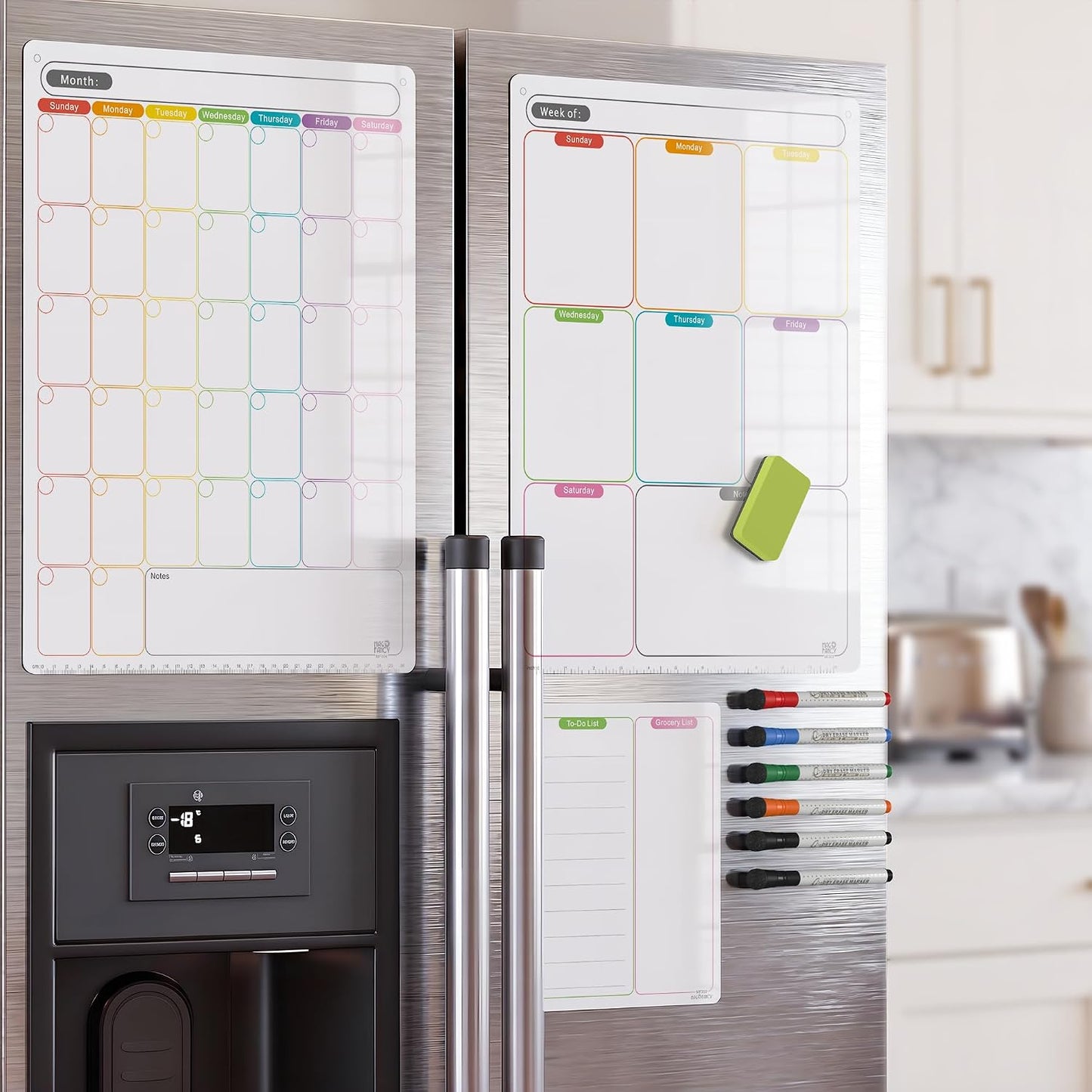 Magnetic Calendar for Fridge, Dry Erase Weekly Planner, 13" x 16.9" | Strong Magnetic Hold, Vertical Weekly Layout, Large Daily Spaces, Easy to Clean, Color-Coded, Dual-Magnet Markers & Eraser