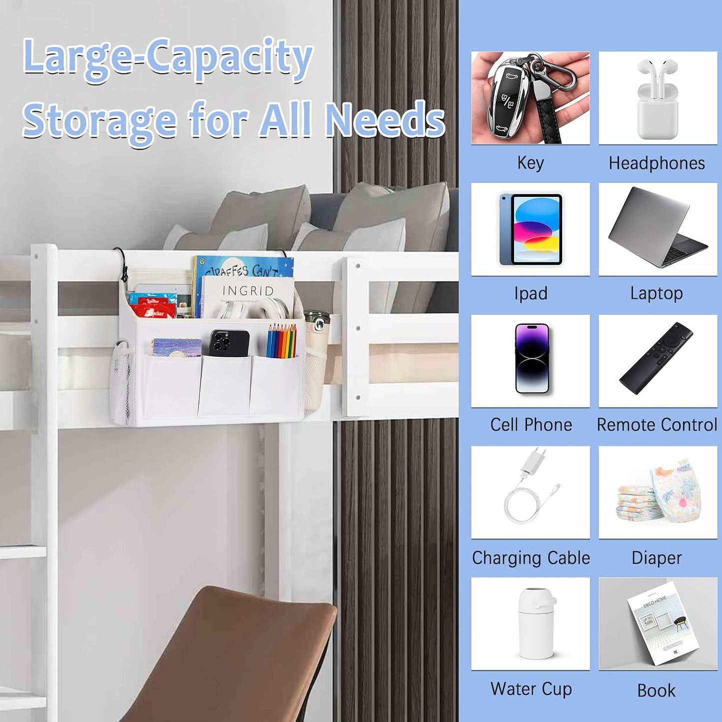 Loghot Bedside Caddy Organizer Bed Storage Bag for Dorm Hospital Crib White | 7 pockets bedside hanging organizer for phone books remotes, fits dorm hospital crib bunk beds, keeps organized easy access