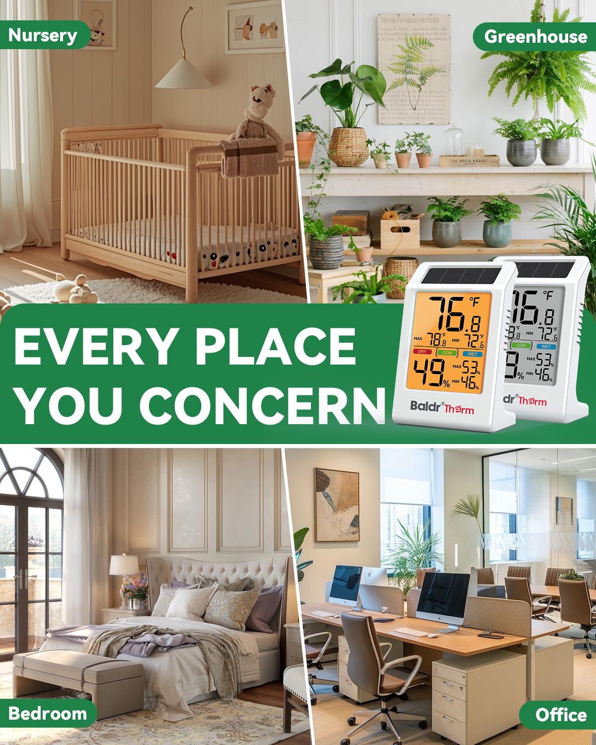 BALDR Solar Indoor Thermometer Humidity Meter No More Battery Changes | 2 Packs Temperature and Humidity Monitor with Backlight & Max Min Records Digital Hygrometer for Room House Home Greenhouse