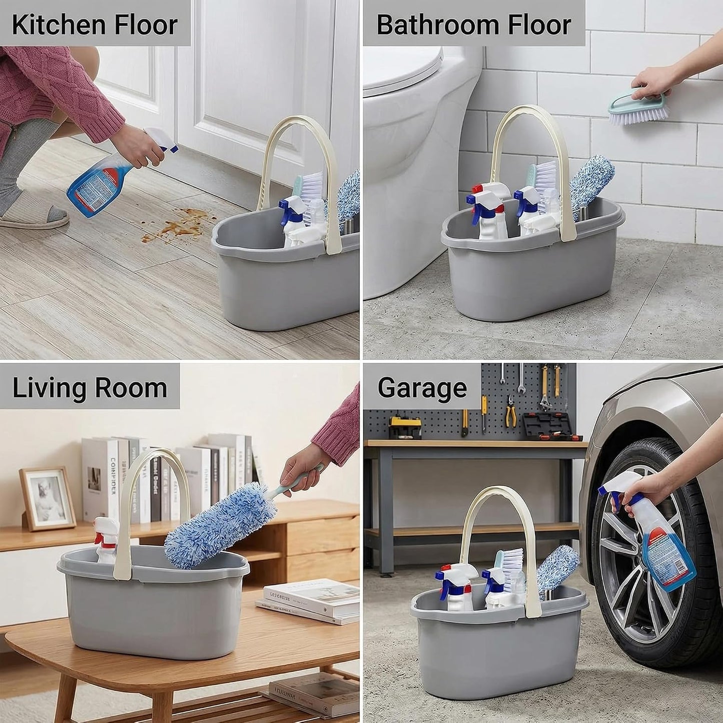 Haundry Compact Mop Bucket with Handle, Rectangular Cleaning Bucket and Caddy for Cleaning Supplies, 10L, Grey