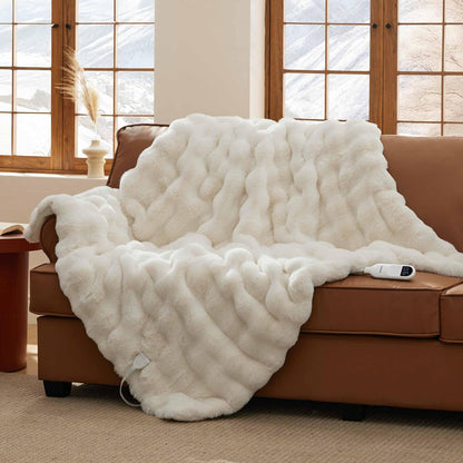 Bedsure Heated Blanket Electric Throw - Thick Striped Fast Heating Electric Blanket with Preheat Function, 6 Heat & 6 Timer (Up to 10H), 8H Auto Off, ETL Certified, Gifts for Women (50"x60", White)