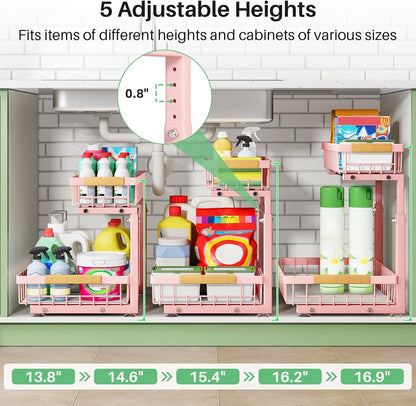 Kitstorack Under Sink Organizer, 2 Tier Under the Sink Storage, Slide out Pull out Cabinet Organizer Shelf, Metal Sliding Drawer for Kitchen Bathroom Pantry Closet Organization Rack, Black, 2 Pack