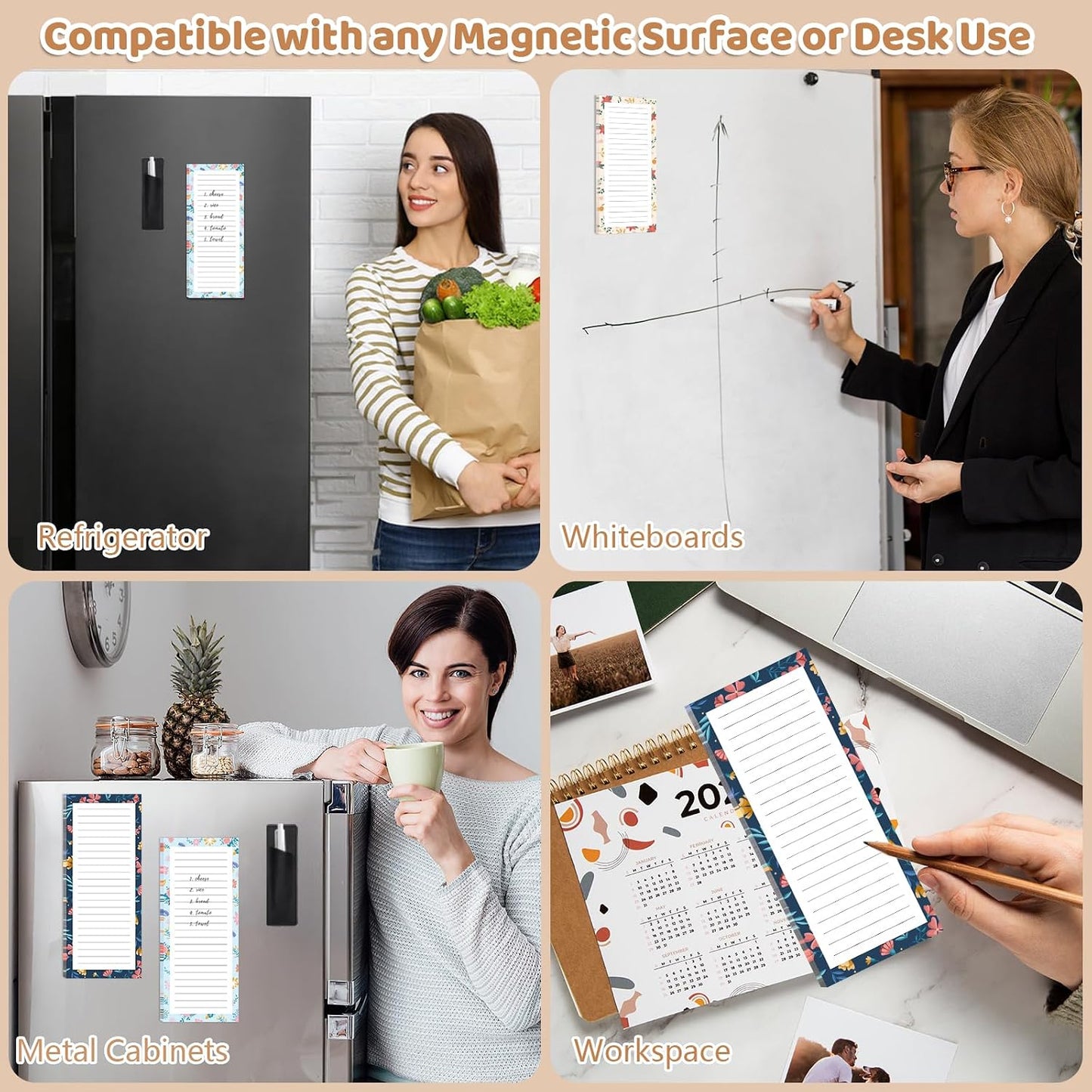 Thboxes 4 Pack Magnetic Note Pad for Fridge with Pen Holder, Totally 200 Sheets Grocery List Magnet Pad for Refrigerator Magnetic Shopping List Pad（Fruit Design） | Full-Back Magnet, 80Gsm FSC-certified Paper, School Office Home Supplies Grocery List