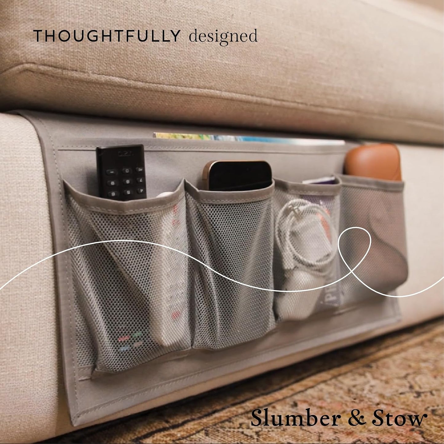 Houseify Slumber & Stow Hanging Bedside Caddy Organizer, 5 Pockets | Bed caddy, couch caddy, mesh storage for phones, tablets, remotes, books, glasses, bunk beds, RVs, dorm rooms, 10"x17.3"