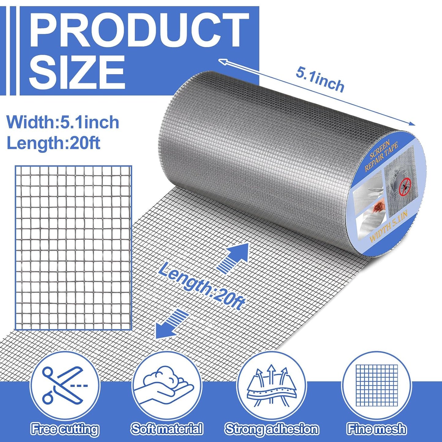CroBlissful 5 Inch X 20 ft Extra Wide Window Screen Tape Mesh Repair, Gray | Strong Adhesive, Waterproof Fiberglass, Screen Repair Kit Patch, for Window Door Tears Holes