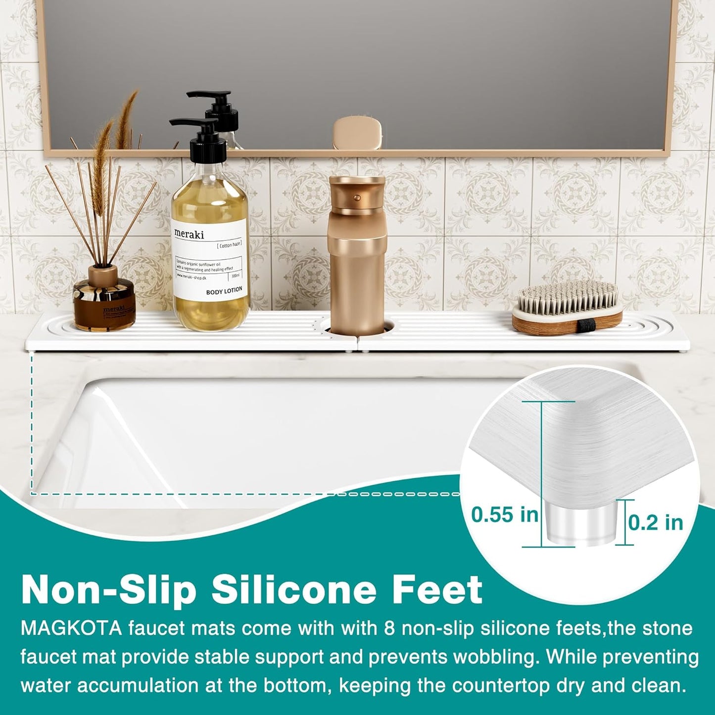 Stone Faucet Mat for Kitchen Sink - Quick Dry Diatomite Sink Splash Guard, Prevents Moisture Buildup & Water Stains, Water Absorbing Stone Tray for Bathroom Countertop (Dark Gray, 23.6" x 4")