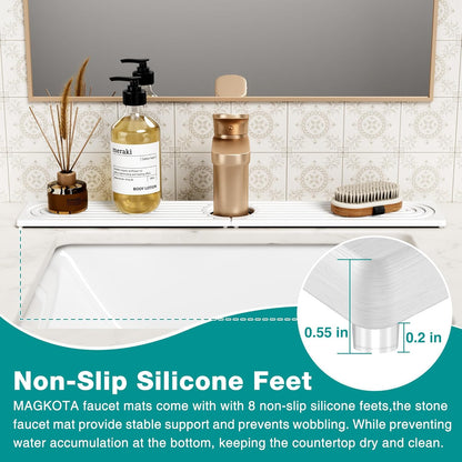Stone Faucet Mat for Kitchen Sink - Quick Dry Diatomite Sink Splash Guard, Prevents Moisture Buildup & Water Stains, Water Absorbing Stone Tray for Bathroom Countertop (Dark Gray, 23.6" x 4")