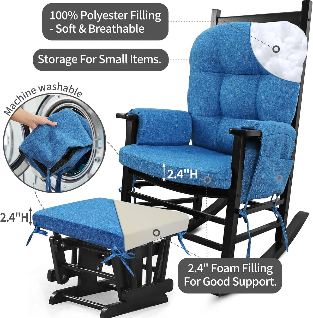 BUYUE Glider Rocker Replacement Cushion 5 PCS with Ties, Linen High-Density Foam Non-Slip & Washable Rocking Chair Pads for Sitting,Red