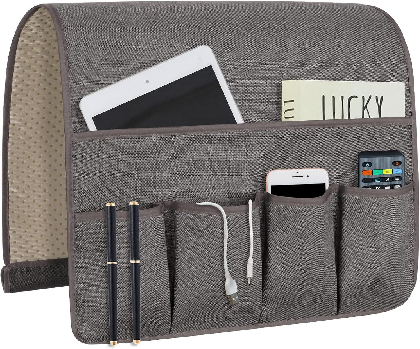Remote Control Holders for Armchairs, Couch Caddy, Featuring Non-Slip Bases | 5 Pockets Bedside Storage Pocket for TV Remote Holder, Phone Tablet Kindle, Magazines, Gifts for Seniors (Beige, 35"X12.4")