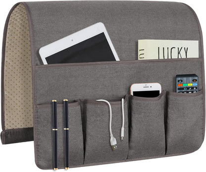 Remote Control Holders for Armchairs, Couch Caddy, Featuring Non-Slip Bases | 5 Pockets Bedside Storage Pocket for TV Remote Holder, Phone Tablet Kindle, Magazines, Gifts for Seniors (Beige, 35"X12.4")