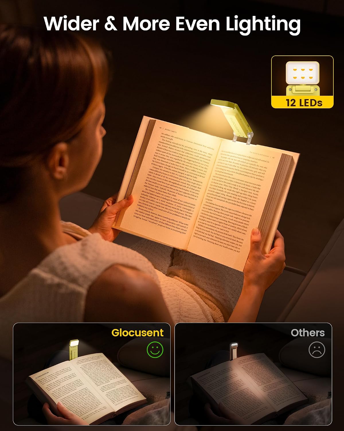 Glocusent 12 LED Clip On Book Light, Full Page Reading Light USB-C | Wide Full-Page Lighting, 5 Colors & 5 Brightness, Eye-Caring Bed Reading, Up to 100Hrs, Book Lovers, USB-C Rechargeable