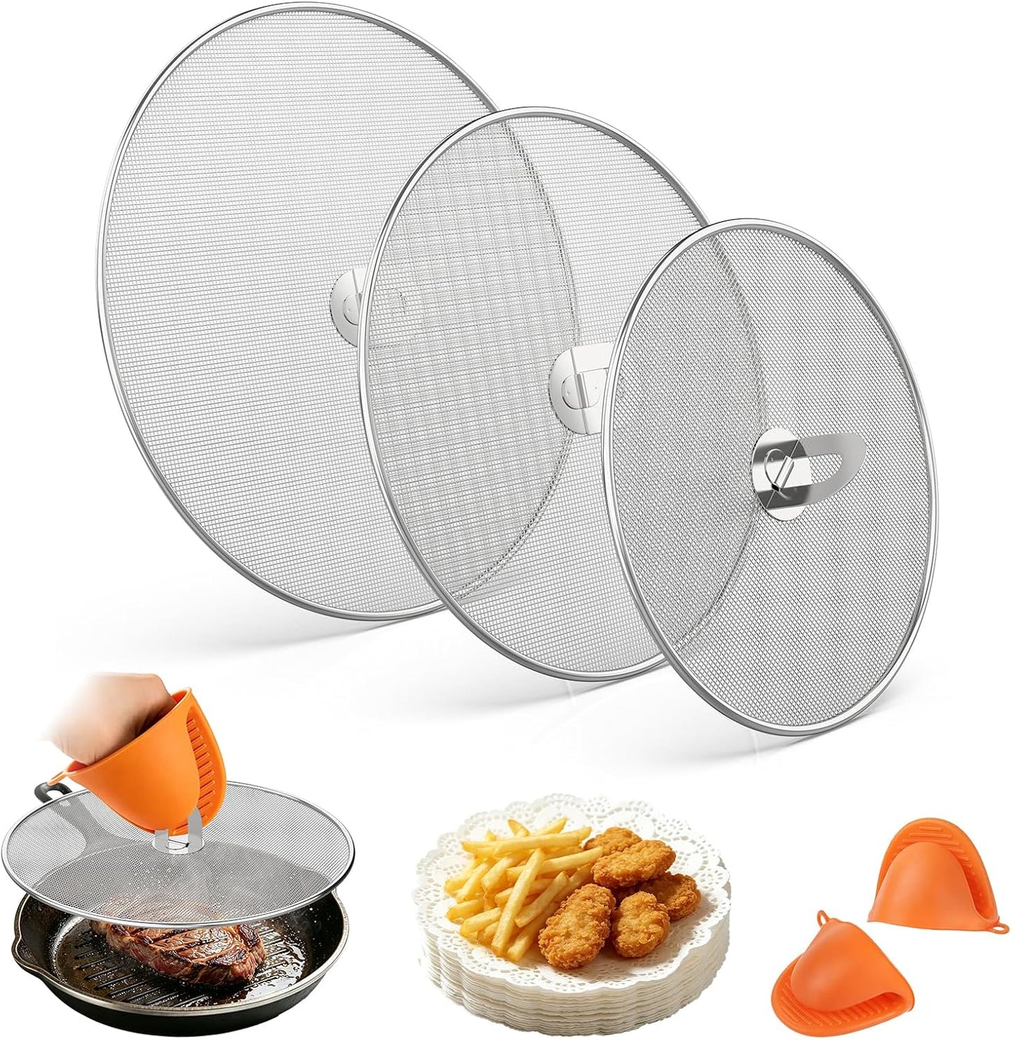 Splatter Screen for Frying Pan, 3-Pack 10" 11.5" 13" 304 Steel | Silicone oven mitts and foldable handle included. Dishwasher safe 304 stainless steel splash guard fits most pans.