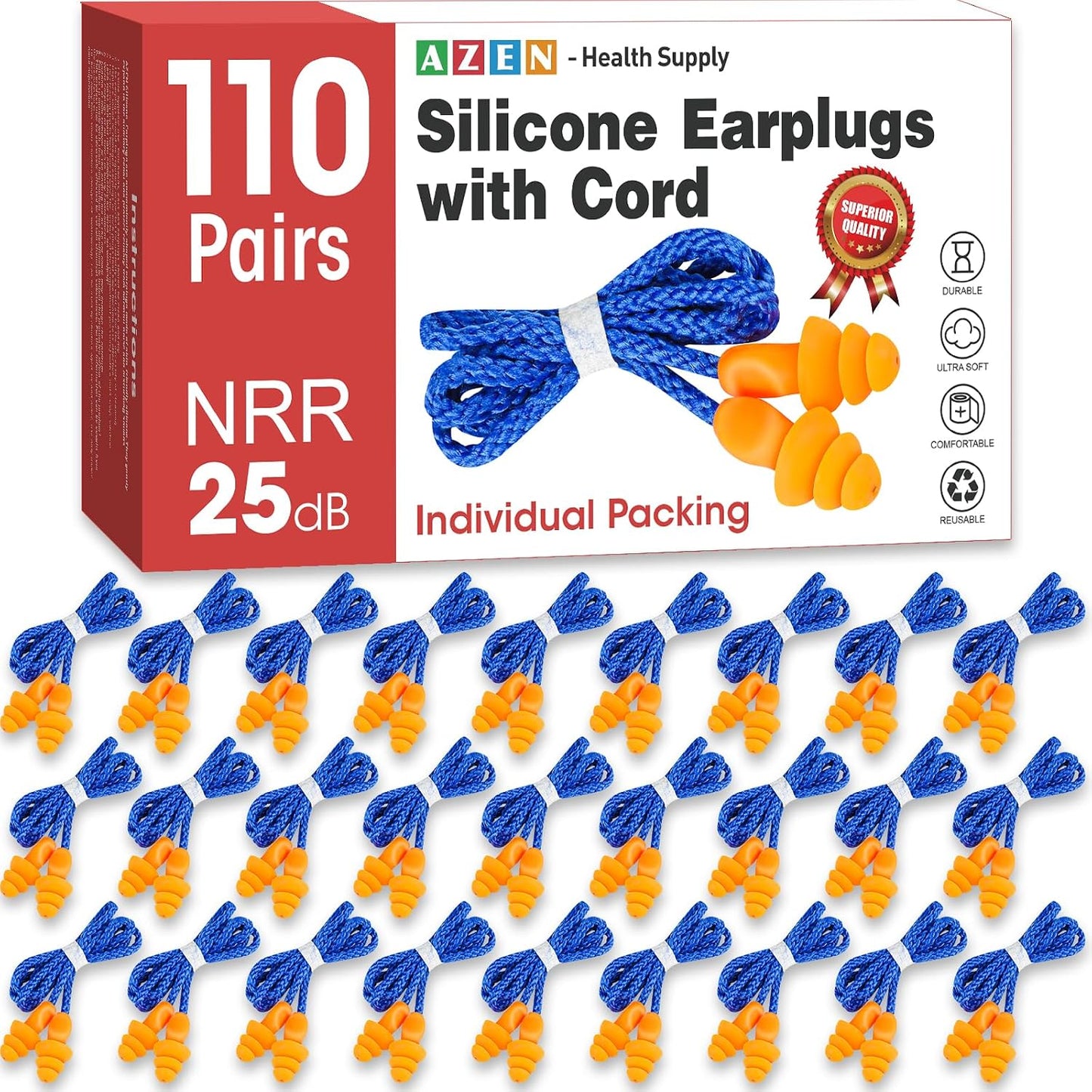 AZEN 55 Pairs Silicone Ear Plugs, Reusable Earplugs for Noise Reduction, 25dB NRR Corded Ear Plug for Sleeping Noise Cancelling, Ear Plug with String Individual Packing