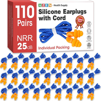 AZEN 55 Pairs Silicone Ear Plugs, Reusable Earplugs for Noise Reduction, 25dB NRR Corded Ear Plug for Sleeping Noise Cancelling, Ear Plug with String Individual Packing