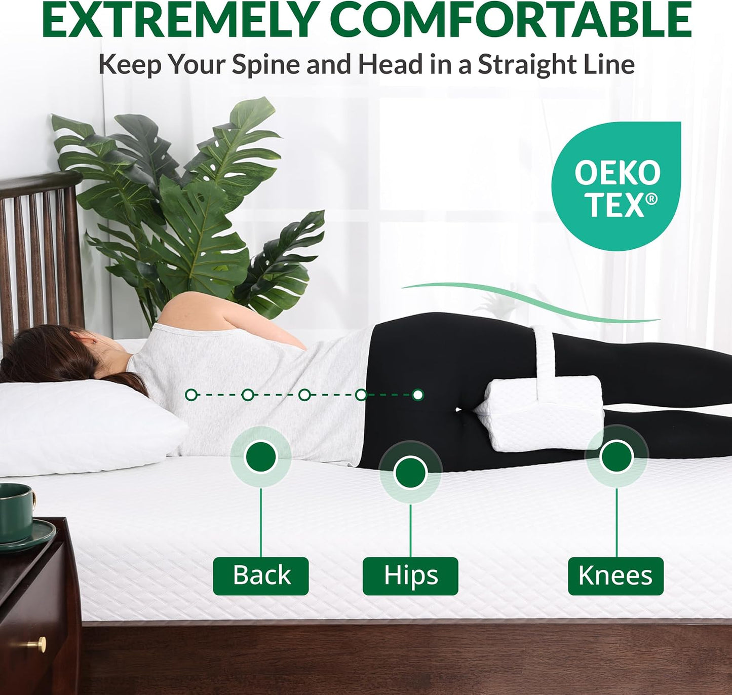 Knee Pillow for Side Sleepers - Between Legs Pillow for Side Sleeping, Back & Sciatica Pain Relief, Joints & Hip, Charcoal Memory Foam Leg Cushion, with Straps & Removable Cover (White)