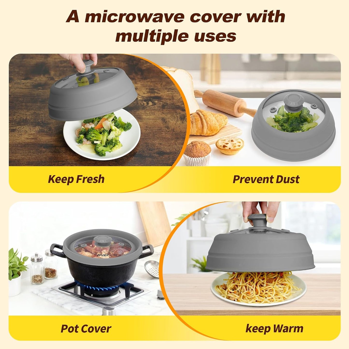 Microwave Splatter Cover, Vented Silicone & Glass Anti-Splatter Lid with Handle, Collapsible Food Plate Cover Fits 6–11 Inch Plates and Bowls (Black, 10.8inch)