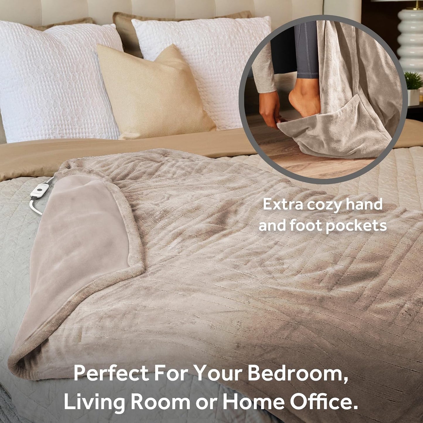 Sunbeam Royal Posh Dove Grey Heated Personal Throw / Blanket, Cozy-Warm, Adjustable Heat Settings