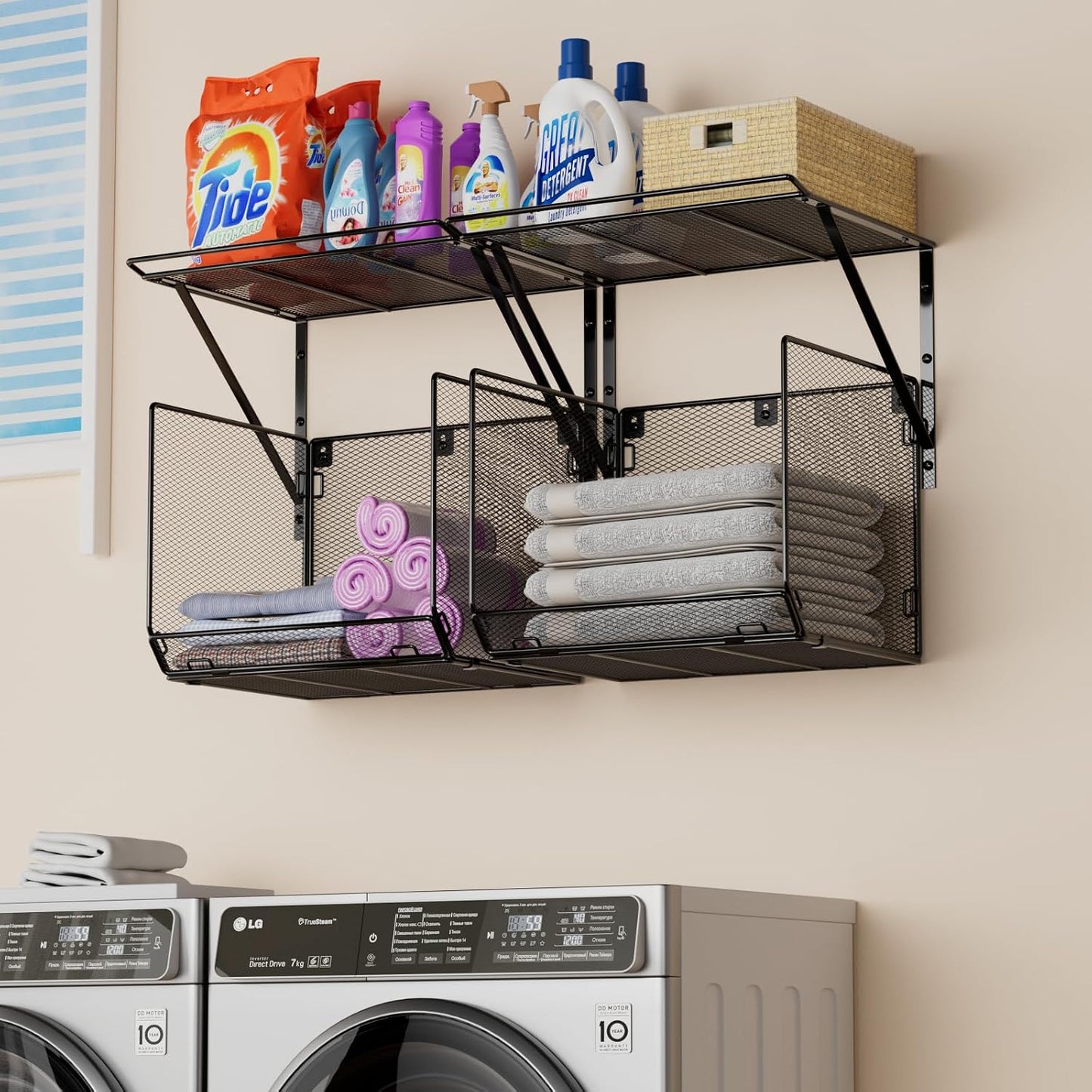 2 Pack Laundry Room Shelves Organization And Storage,Wall Mounted Clothes Drying Rack With Wire Mesh Basket Over Washer And Dryer,Large Capacity Floating Wall Shelf For Bathroom,Kitchen,Storeroom