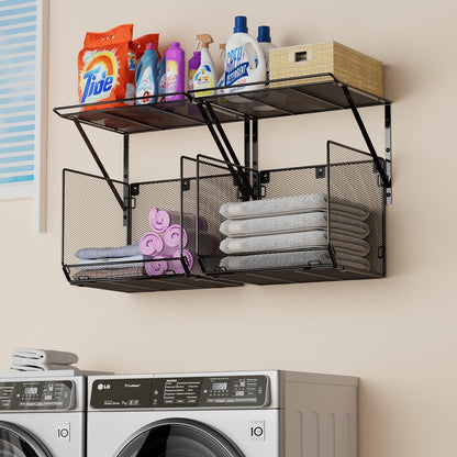 2 Pack Laundry Room Shelves Organization And Storage,Wall Mounted Clothes Drying Rack With Wire Mesh Basket Over Washer And Dryer,Large Capacity Floating Wall Shelf For Bathroom,Kitchen,Storeroom