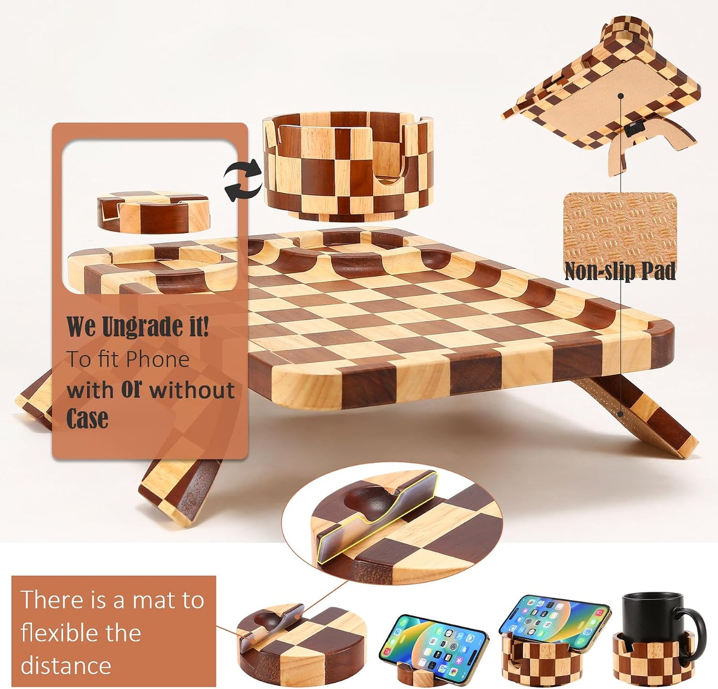 Nnewvante Couch Cup Holder Tray, 3 in 1 Large 15.36"x9.85" Acacia Wood Sofa Arm Clip on Tray Table with 360°Rotated Phone Holder on Armrest