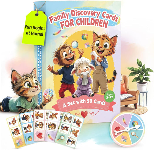 50 Indoor Discovery Cards for Kids 3–12 – Montessori Screen-Free Activity Set | 5 Themes | Spinner & Reward Stickers | Fun Game for Home & School Stocking Stuffers