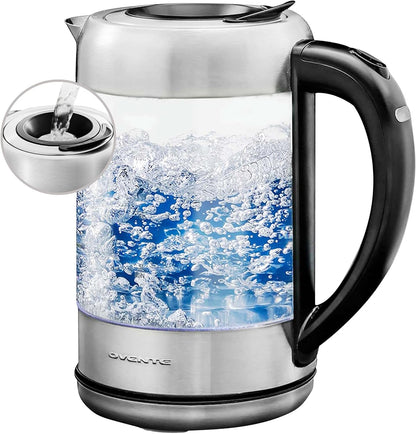 OVENTE 1.7L Double Wall Glass Electric Kettle Water Boiler, Silver KG912S | 1500W Fast Boiling, Easy Fill Lid, Borosilicate Glass, Cool-Touch Design, Blue LED, Auto Shut-Off, Boil-Dry Protection
