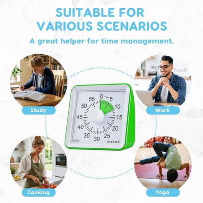 Secura 60-Minute Visual Timer, Classroom Timer, Countdown Timer for Kids and Adults, Time Management Tool for Teaching (Green & Green)