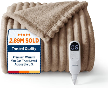 Bedsure Heated Blanket Electric Throw - Thick Striped Fast Heating Electric Blanket with Preheat Function, 6 Heat & 6 Timer (Up to 10H), 8H Auto Off, ETL Certified, Gifts for Women (50"x60", White)